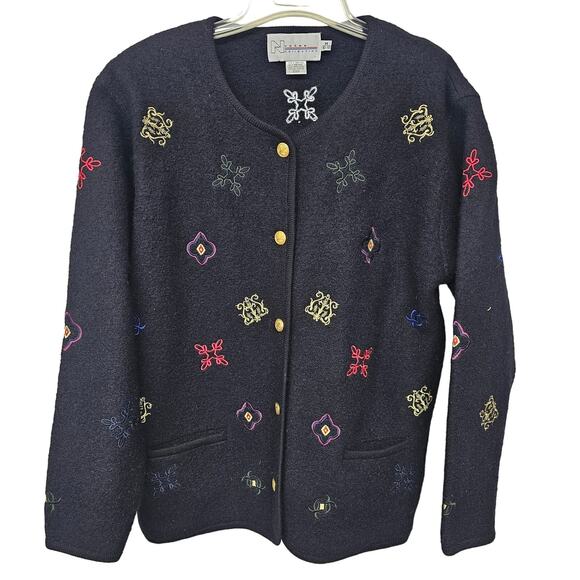 Vintage Wool Embroidered Cardigan Womens Medium‎ Black Whimsigoth Office - Picture 1 of 8